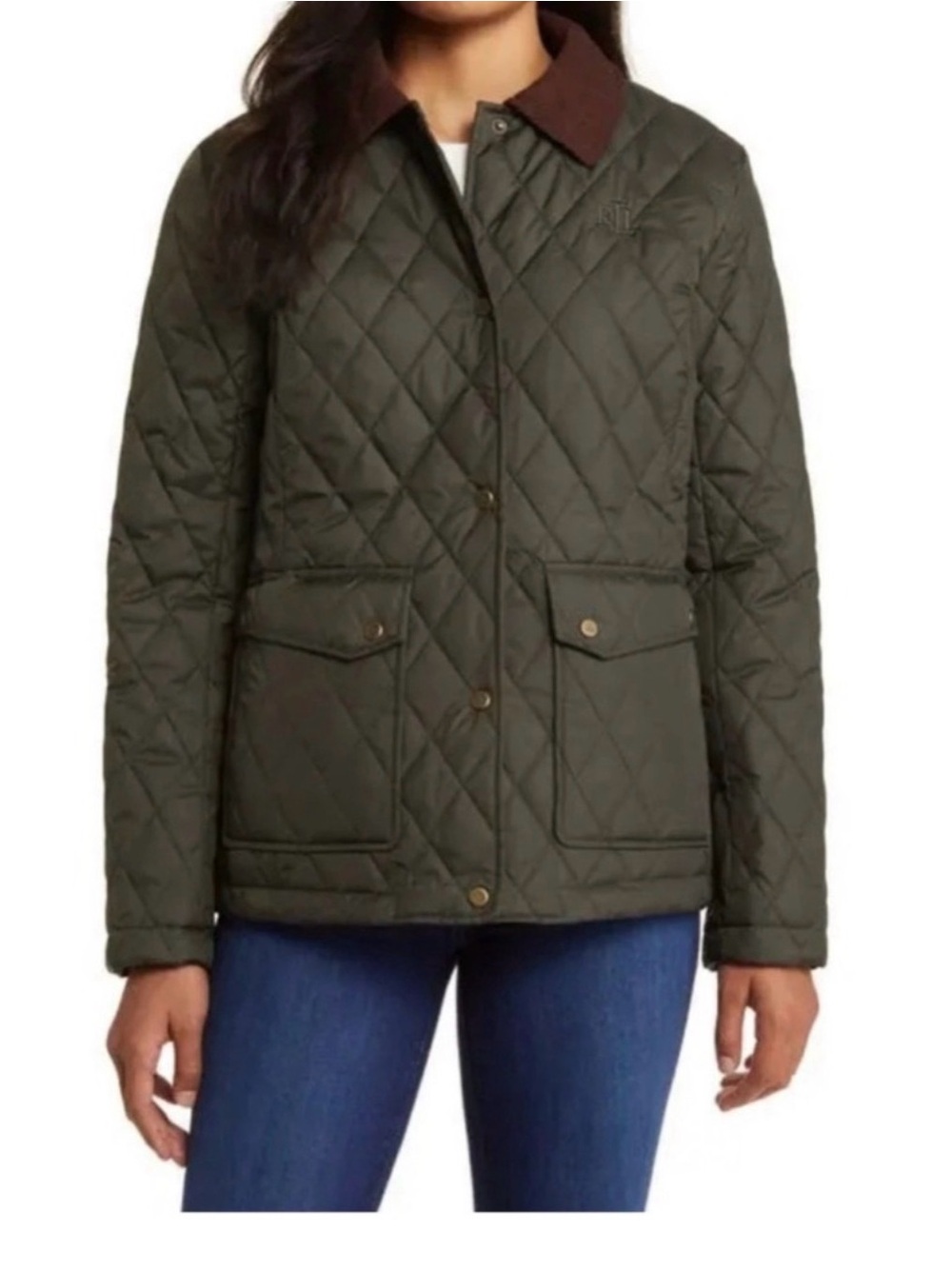 Ralph Lauren Olive Green Quilted Puffer Jacket with Brown Collar